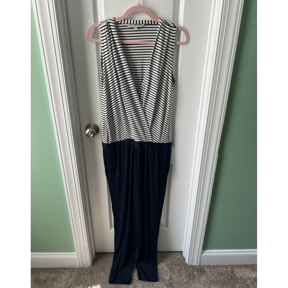 Trina Turk "Giselle" Blue & White Striped Sleeveless Nautical Jumpsuit Size M